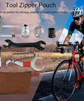 All In One Bike Repair Tool Kit With Zipper Pouch 7 Piece Set Including tools displayed with cyclist on a road