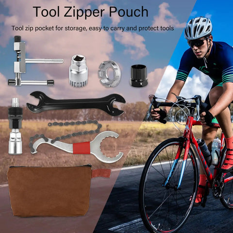 All In One Bike Repair Tool Kit With Zipper Pouch 7 Piece Set Including tools displayed with cyclist on a road