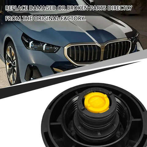 BMW No Hassle Coolant Reservoir Cap Replacement For 328i 2007-2016 And 330i 2016-2018 close-up view, black ABS with yellow rubber seal