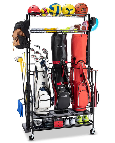 All In One Golf Bag Storage Rack With Wheels, 3 Bag Stand, 4 Hooks, Extra Golf Club Display, sports gear, balls, and helmets