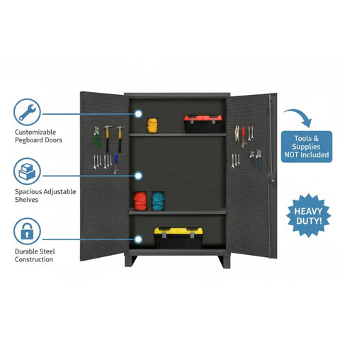 Heavy Duty 12 Gauge Steel Storage Cabinet With Pegboard Door And Adjustable Shelves, Built Different For Garage And Workshop Spaces showing interior with tools.