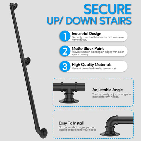 Industrial black Pipe Stair Handrail 3 Ft Heavy Duty Metal Rail Built To Last with adjustable angle and easy installation features