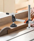 Heavy Duty Table Saw Presser With Adjustable Cast Iron Clamp For Woodworking Projects, showing adjustable clamp on wood panel.