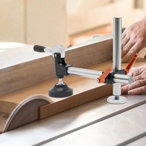 Heavy Duty Table Saw Presser With Adjustable Cast Iron Clamp For Woodworking Projects, showing adjustable clamp on wood panel.