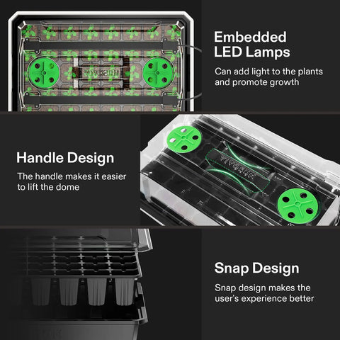 Top view 40-Cell Seed Starter Trays Kit With LED Grow Lights, adjustable vents, and detailed snap and handle design.