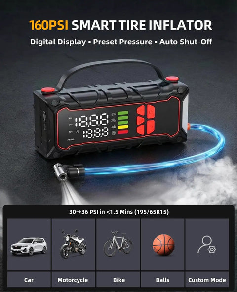 Beast Mode Jump Starter With Built In Air Compressor 160 PSI Car Battery Charger digital display and pressure presets