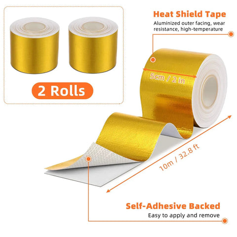 Two Rolls Aluminum Foil Tape Heat Shield Adhesive Reflective Barrier For High Temperature Protection Fiberglass Thermal Insulation 2 Inch By 32.8 Feet Each Gold Color Durable Reflective Tape For Ducts Auto Exhaust And More