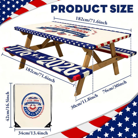 250th Anniversary Patriotic Fourth Of July Picnic Table Cover With Bench Covers 72 By 30 Inch Fitted Rectangle Tablecloth Waterproof Windproof Outdoor Polyester Table Cover Set With Portable Storage Bag on wooden picnic table.