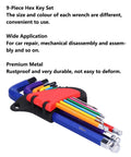 Top Tier 9 Piece Chrome Vanadium Hex Key Wrench Set with Textured Non Slip Grip For Tough Maintenance, Assembly Jobs At Home or Garage, Ball Flat Ends, Color Coded L Keys To Tackle Any Bolt. 9-piece color-coded hex key set with holder, 10mm visible
