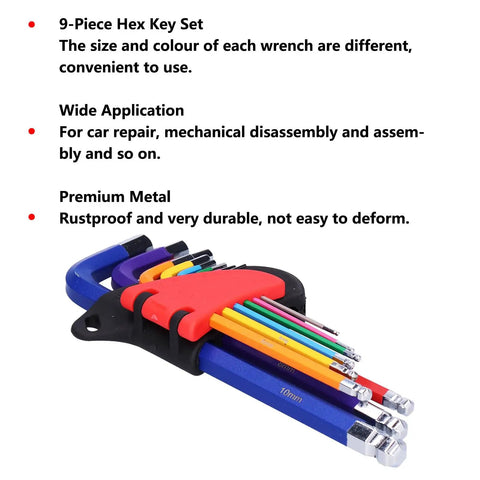 Top Tier 9 Piece Chrome Vanadium Hex Key Wrench Set with Textured Non Slip Grip For Tough Maintenance, Assembly Jobs At Home or Garage, Ball Flat Ends, Color Coded L Keys To Tackle Any Bolt. 9-piece color-coded hex key set with holder, 10mm visible