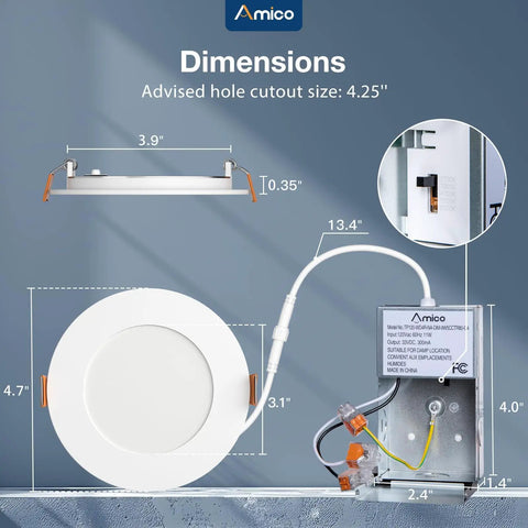 12 Pack 4 Inch LED Recessed Lights With 3 CCT Selectable 3000K 4000K 5000K Ultra Thin Slim Downlights With Junction Box shown with dimensions