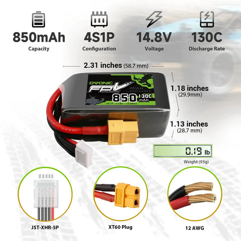 Beefy 14.8V 130C 850mAh 4S LiPo Battery With XT60 Plug For RC Cars Drones And Planes, showing dimensions and connectors.