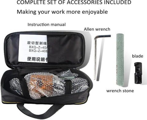 Complete set of accessories including instruction manual, Allen wrench, blade, wrench stone for Heavy Duty Adjustable Cable Stripper Cutter Machine.