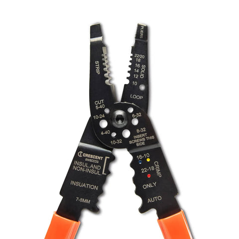 Close-up of 8 Inch Heavy Duty Wire Stripper Cutter Pliers With Dipped Cushioned Grips Workhorse All In One Tool showing 10-22 AWG markings.