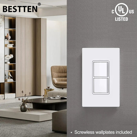 Double Rocker Light Switch In Wall Dual Decorator, UL Listed, 15A 120-277V, Space Saving Design With Included Decor Wall Plate, White Finish, Two Switches For Separate Light Control.