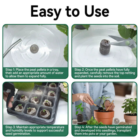 Instructional steps for using 55 Pack 30Mm Peat Pellets For Seedlings, Compressed Garden Soil Pods That Expand With Water for germination.