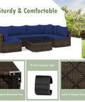 7 Piece Outdoor Wicker Patio Furniture Set for Six With Cushions, 2 Throw Pillows, Rattan Sectional shown with fastener clips.
