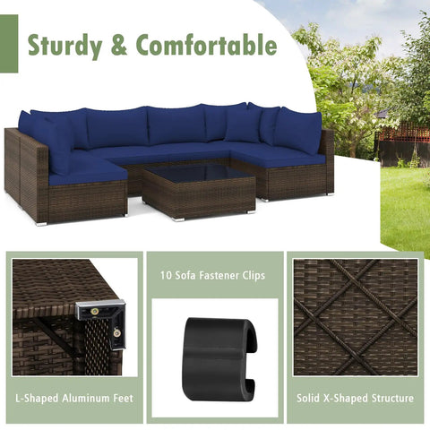 7 Piece Outdoor Wicker Patio Furniture Set for Six With Cushions, 2 Throw Pillows, Rattan Sectional shown with fastener clips.