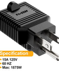 All In One NEMA Power Adapter Plug And Play Converts 125V 15A Household To 250V 20A NEMA T Blade For EV Charging Specifications Shown