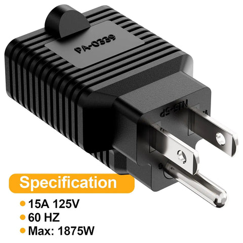 All In One NEMA Power Adapter Plug And Play Converts 125V 15A Household To 250V 20A NEMA T Blade For EV Charging Specifications Shown