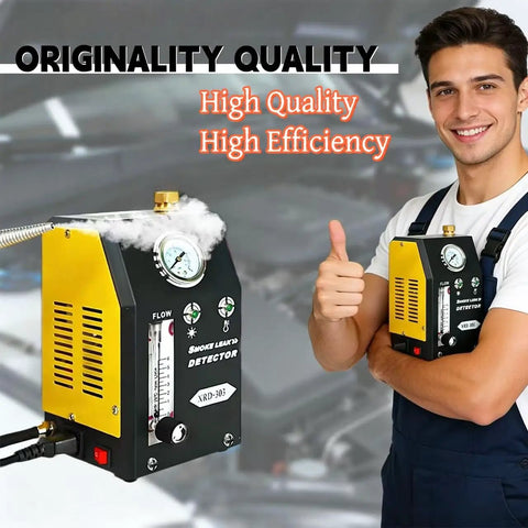 Automotive Smoke Machine With Pump Gauge And Adjustable Flow Meter For EVAP Intake Exhaust EGR Cooling Crankcase And Vacuum Leak Testing Pro Grade Includes Accessories For Cars Motorcycles ATVs Snowmobiles And Off Road Vehicles, black and yellow unit with smoke and gauge