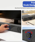 Desktop Monitor Soundbar With USB Powered Plug And Play Audio For Laptop And PC 3.5mm AUX Volume Knob close-up view.
