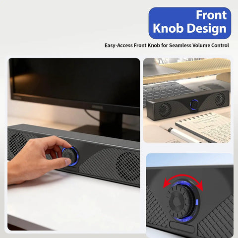 Desktop Monitor Soundbar With USB Powered Plug And Play Audio For Laptop And PC 3.5mm AUX Volume Knob close-up view.