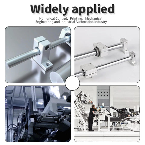 Go-To Four Pack SK10 Linear Shaft Rail Support Brackets, 10mm Diameter, Vertical Guide For CNC Machines And 3D Printers, Aluminum Finish With Oxidation Treated Surface, Includes M4 Locking Bolt And M5 Clamping Bolt, 32mm Hole Spacing. shown on 10mm rails in CNC and printer uses