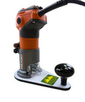 Nail Your Cuts With This Rock Solid Offset Baseplate For Ridgid Compact Routers Fits R2400 R2401 R24012 R860443B 7MM White Phenolic Plate shows router with baseplate and control knob.