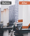 Before and after images showing chimney with Premium Copper Flashing Roll 99.95 Percent Pure Copper 2 Inch Wide By 10 Feet Long 24 Gauge.