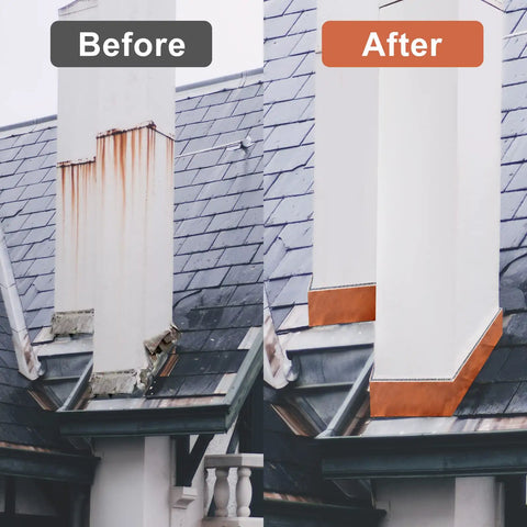 Before and after of chimney flashing using Pro Grade Copper Flashing Roll 99.95 Percent Pure 16 Oz 24 Gauge.