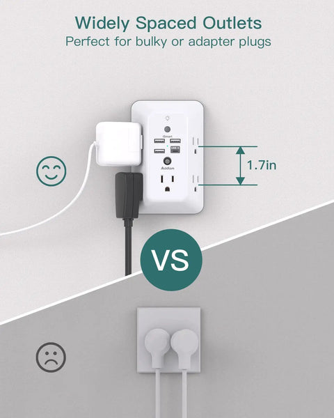 9 In 1 USB Wall Outlet With Night Light 5 Wide Space Outlets And 4 USB Ports Including USB C Space Saving Plug Extender