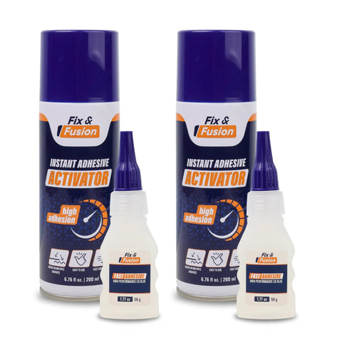 Cyanoacrylate Glue And Instant Activator Spray Set, includes 6.76 fl oz activator cans and 1.77 oz glue bottles, front view