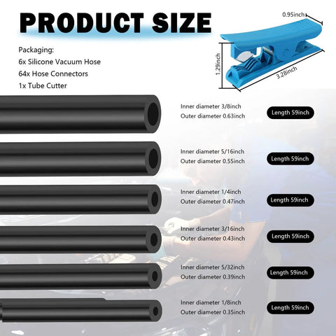 Pro Grade Silicone Vacuum Hose Kit For Auto Repairs With Six Diameters From One Eighth To Three Eighths Inch 64 Nylon Fittings V-Shaped Cutter.