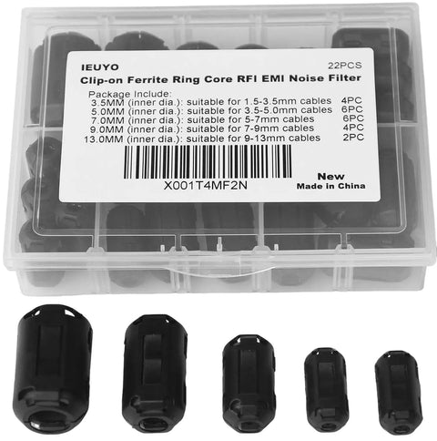Clip On Ferrite Ring Core Kit 22Pcs With Five Inner Diameters 3mm 5mm 7mm 9mm 13mm For Real EMI RFI Noise Suppression