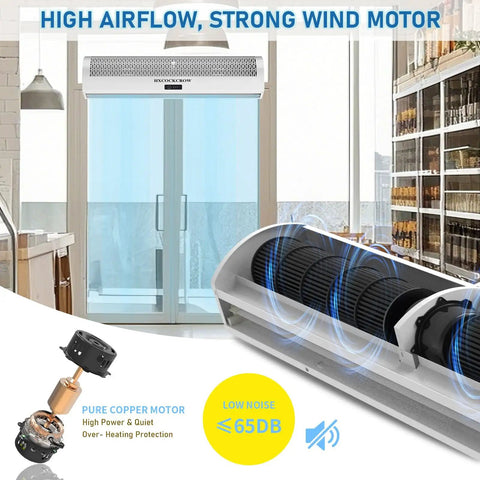 36 Inch Wall Mounted Air Curtain For Commercial Doors With Magnetic Switch showing a quiet copper motor and airflow design.