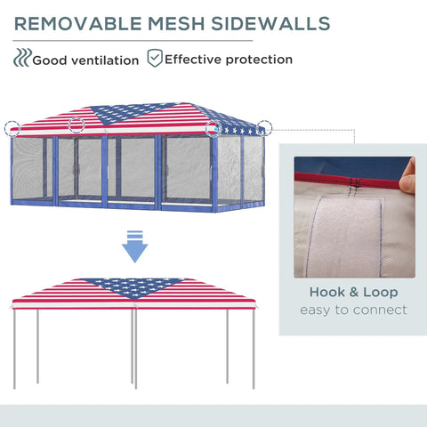 10 By 20 Pop Up Canopy Tent With Netting Heavy Duty Party Shelter With American Flag Design and removable mesh walls.