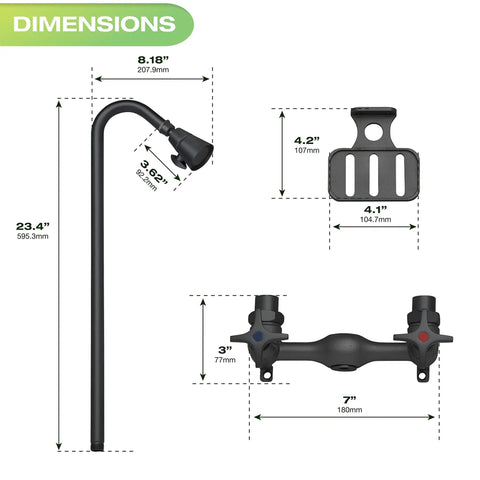 Dimensions of Outdoor Shower Kit With Soap Dish, Matte Black Finish, corrosion and rust resistant, durable weatherproof outdoor use