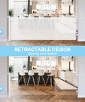 33 Inch Tall Baby Gate For Doorways Retractable Mesh Gate For Kids And Pets Anti Climb Design shown open and closed in kitchen