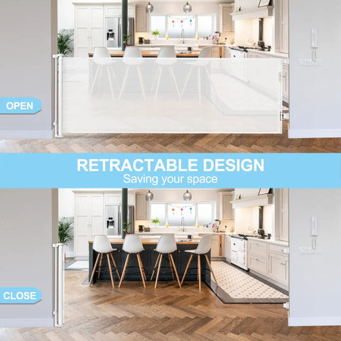 33 Inch Tall Baby Gate For Doorways Retractable Mesh Gate For Kids And Pets Anti Climb Design shown open and closed in kitchen