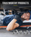 Mechanic smiling under car with Grease Fittings Kit 110 Piece SAE Zerk Fittings Assortment in foreground