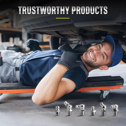 Mechanic smiling under car with Grease Fittings Kit 110 Piece SAE Zerk Fittings Assortment in foreground
