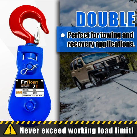 Snatch Block With Hook For Tow Truck Use, 2 Ton Capacity, 3/8 Inch Wire Rope, 3 Inch Pulley, Heavy Duty Pulley System With Drop-Side Design For Safe, Fast Hookups And Effortless Heavy Lifting, shown with tow recovery use