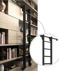 Retractable Sliding Barn Door Ladder Kit With Full Track System For Home Or Loft installed on bookshelf, black aluminum