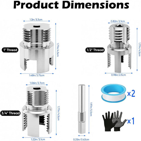 Product dimensions of Nifty 4 In 1 PVC Pipe Threader Kit shows sizes for 1 inch, 3/4 inch, and 1/2 inch threads.