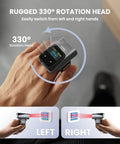 2D Bluetooth Ring Barcode Scanner With Screen, worn on hand, showing 330° rotation for left or right hand use, color display visible.