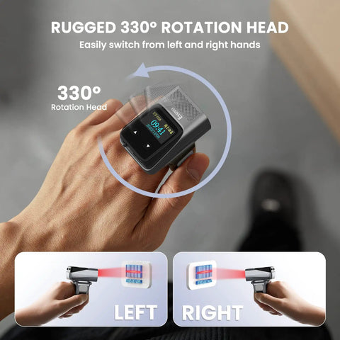 2D Bluetooth Ring Barcode Scanner With Screen, worn on hand, showing 330° rotation for left or right hand use, color display visible.