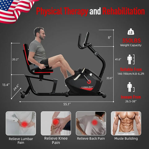 Man using Heavy Duty Magnetic Recumbent Exercise Bike For Home Gym for physical therapy, showcasing adjustable features and LCD screen.