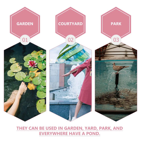 Garden, courtyard, and park uses of Solar Powered Floating Lotus Fountain For Fish Tanks And Gardens, No Fuss Automatic Start.