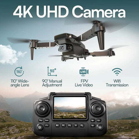 4K Drone With Built In Screen Remote No Phone Needed Foldable FPV Quad With Wide Angle Camera Three Batteries And Case displayed.